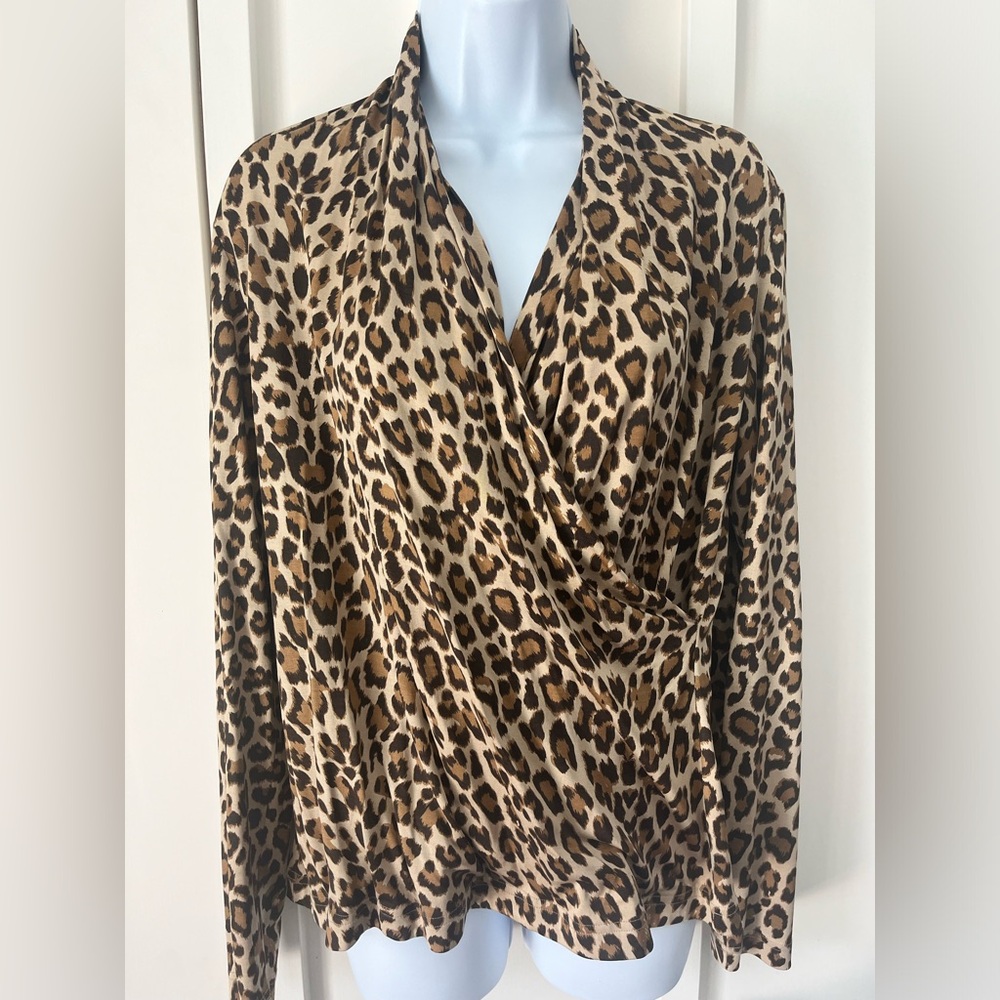 Doncaster Classic leopard print faux wrap top. Long sleeves. Size 10